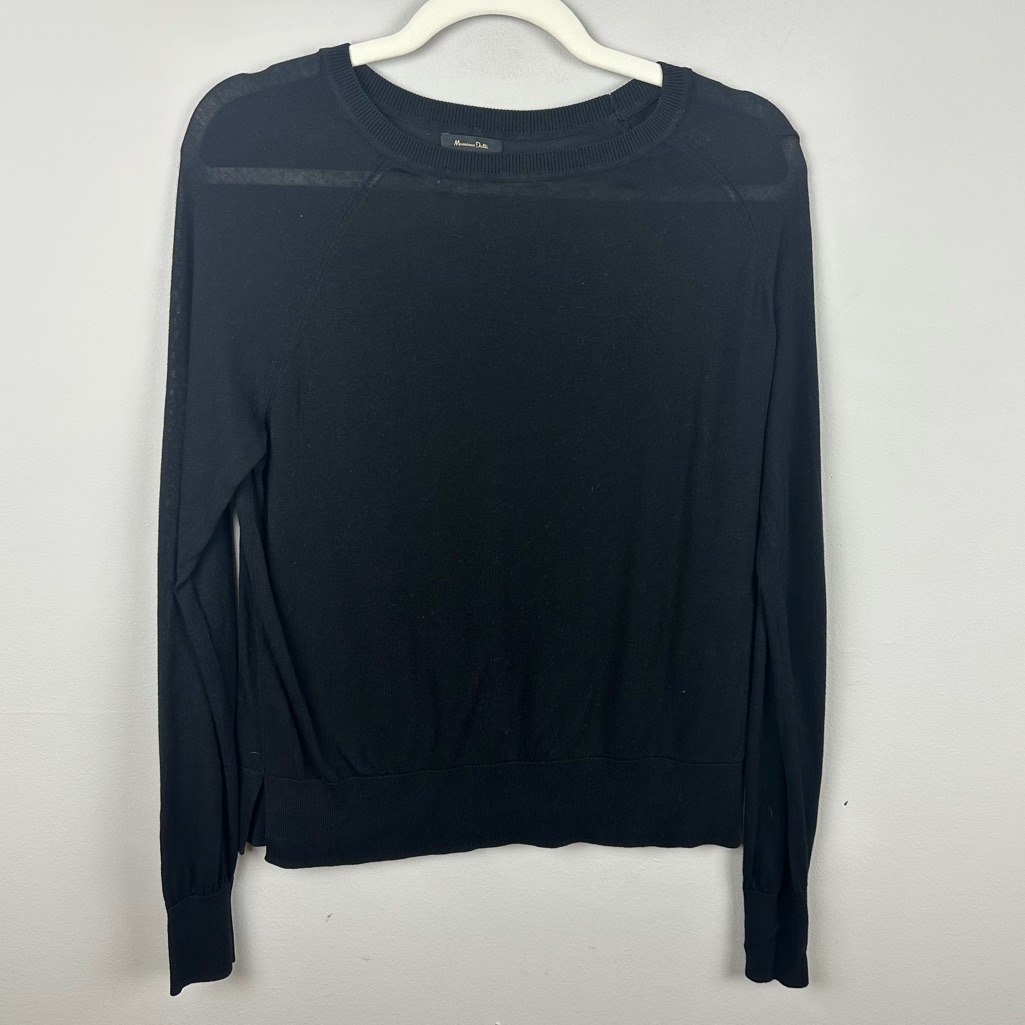 Massimo Dutti Black Silk Blend Sheer Panel Long Sleeve Top Size S
